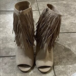 Sam Edelman Fringe Tan Peep-Toe Ankle Boots